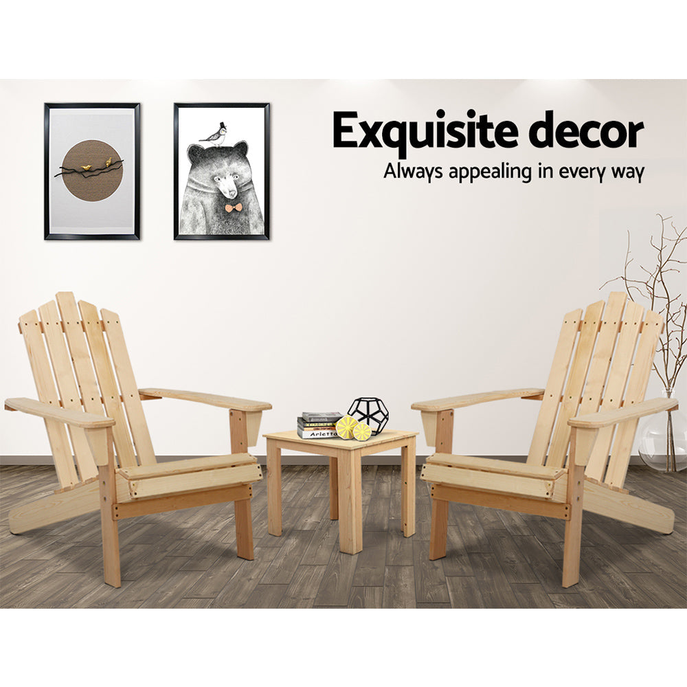 Gardeon 3PC Adirondack Outdoor Table and Chairs Wooden Beach Chair Natural