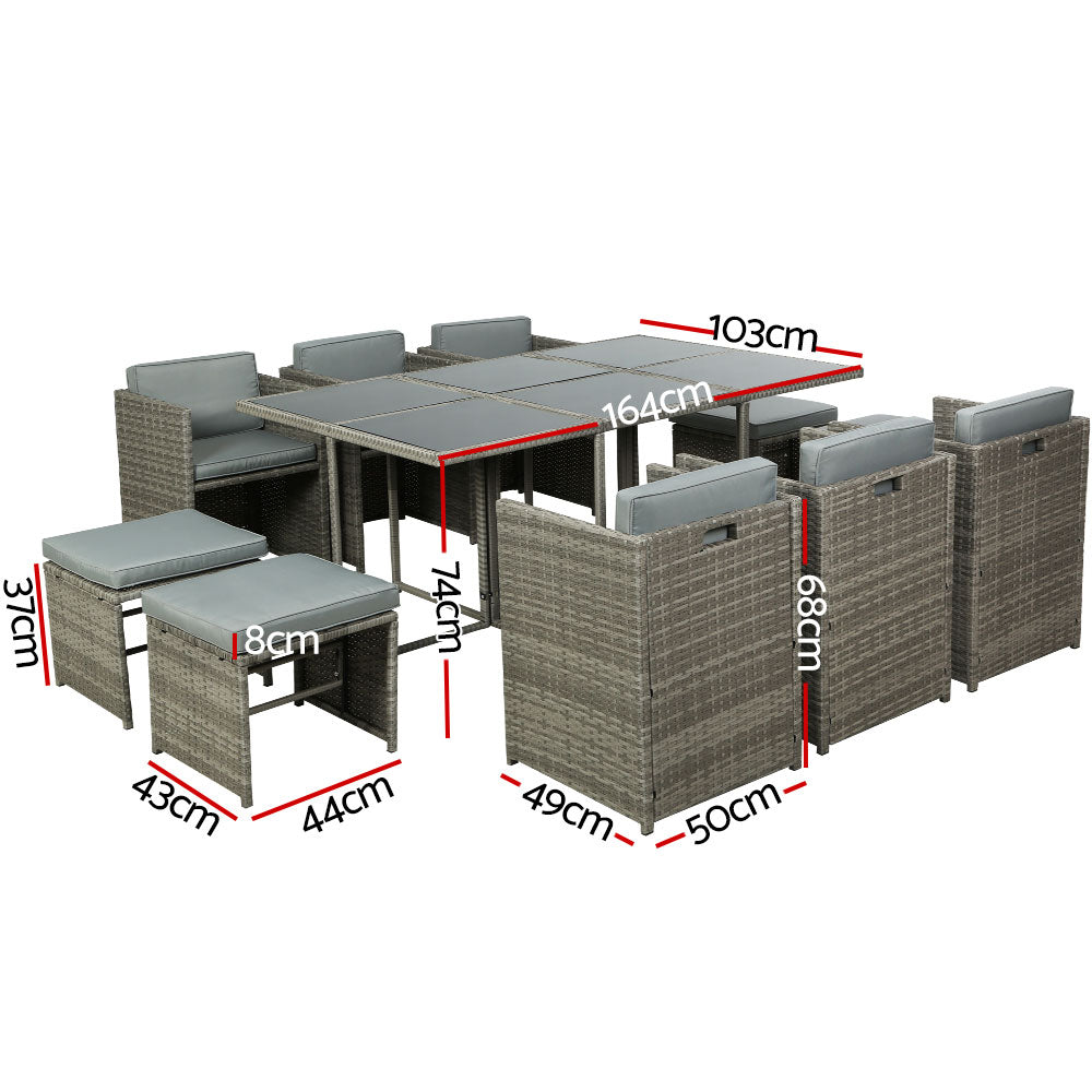 Gardeon Outdoor Dining Set 11 Piece Wicker Table Chairs Setting Grey