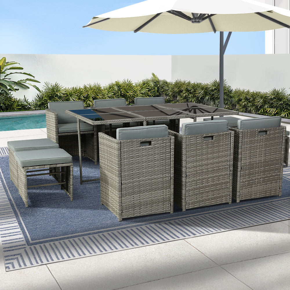 Gardeon Outdoor Dining Set 11 Piece Wicker Table Chairs Setting Grey