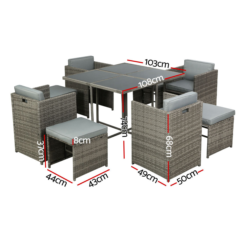 Gardeon Outdoor Dining Set 9 Piece Wicker Table Chairs Setting Grey