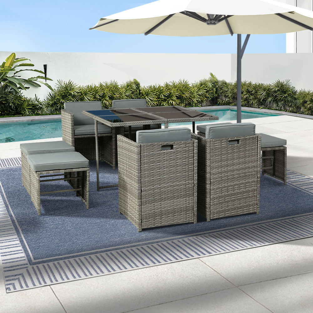 Gardeon Outdoor Dining Set 9 Piece Wicker Table Chairs Setting Grey